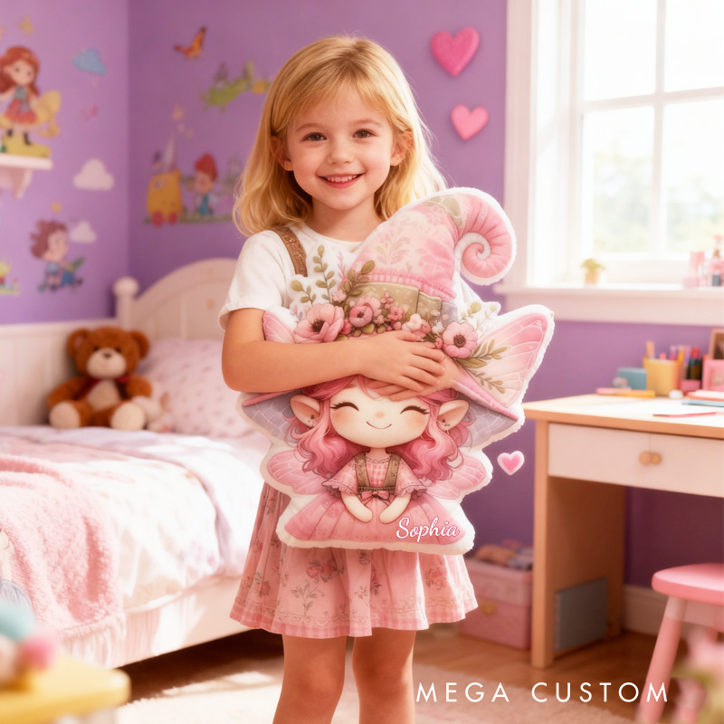 Personalized Cute Fairy Throw Pillow Pink Garden Fairy Pillow with Name for Kids Girl Boy Gardener Christmas Gifts Loving Room Decor