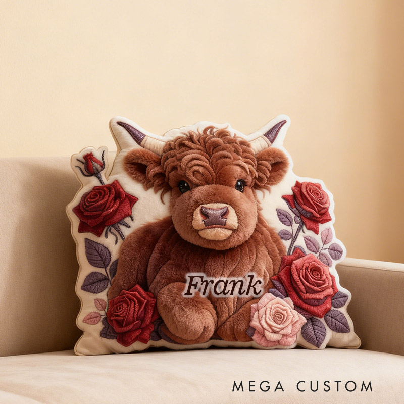 Personalized Rosy Highland Cow Garden Pillow with Custom Name Graphic 3D Print Pillow for Gardening Lovers