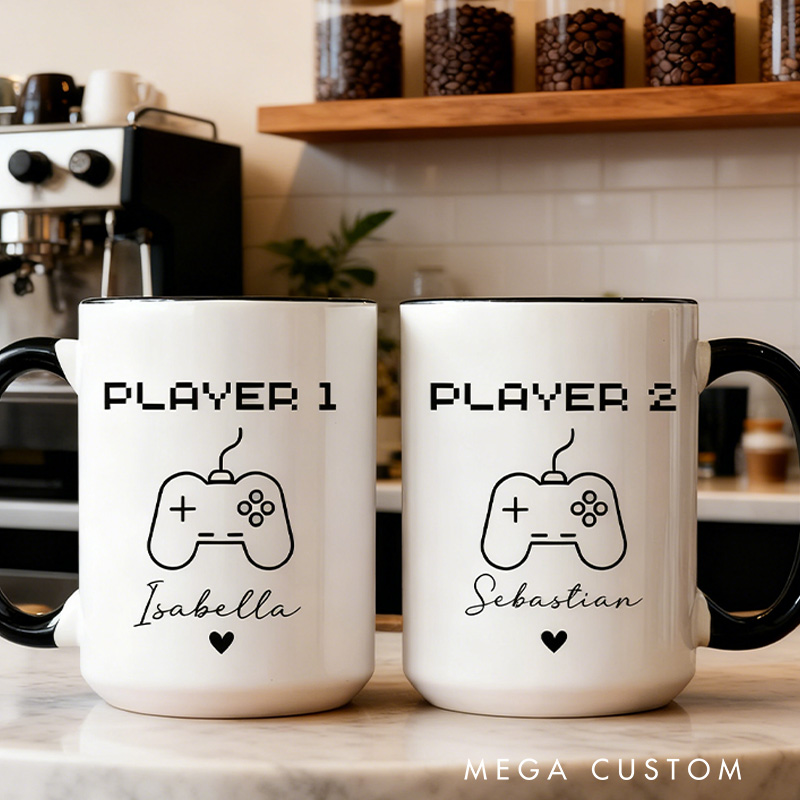 Personalized Gamer Couple Mugs Player 1 Player 2 Mugs Matching Gaming Mugs Retro Game Mugs Custom Gamer Coffee Mugs Gift for Couple Gamer Geek Gift