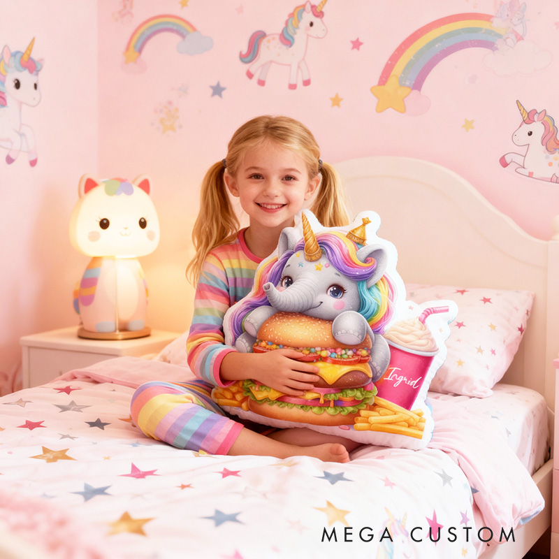 Personalized Elephant and Hamburger Throw Pillow with Name Cute Burger Pillow for Kids Girl Baker Christmas Gifts Loving Room Decor
