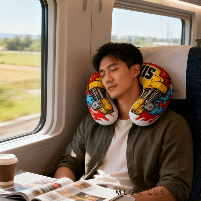 Personalized Racing Flame Neck Pillow Custom Name U‑Shaped Travel Cushion for Car Lovers and Motorsport Fans