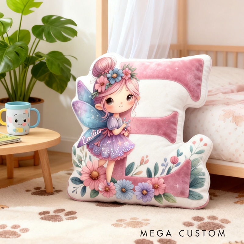 Personalized Fairy Alphabet Throw Pillow Graphic 3D Print Garden Fairy Letter Pillow with Name Pillow for Kids Girl Boy Gardener Christmas Gifts Loving Room Decor