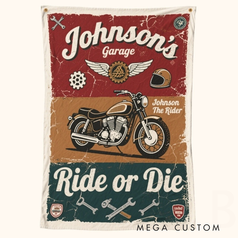 Personalized Vintage Motorcycle Garage Beach Towel Custom Name and Text Retro Biker Style Two Designs Available