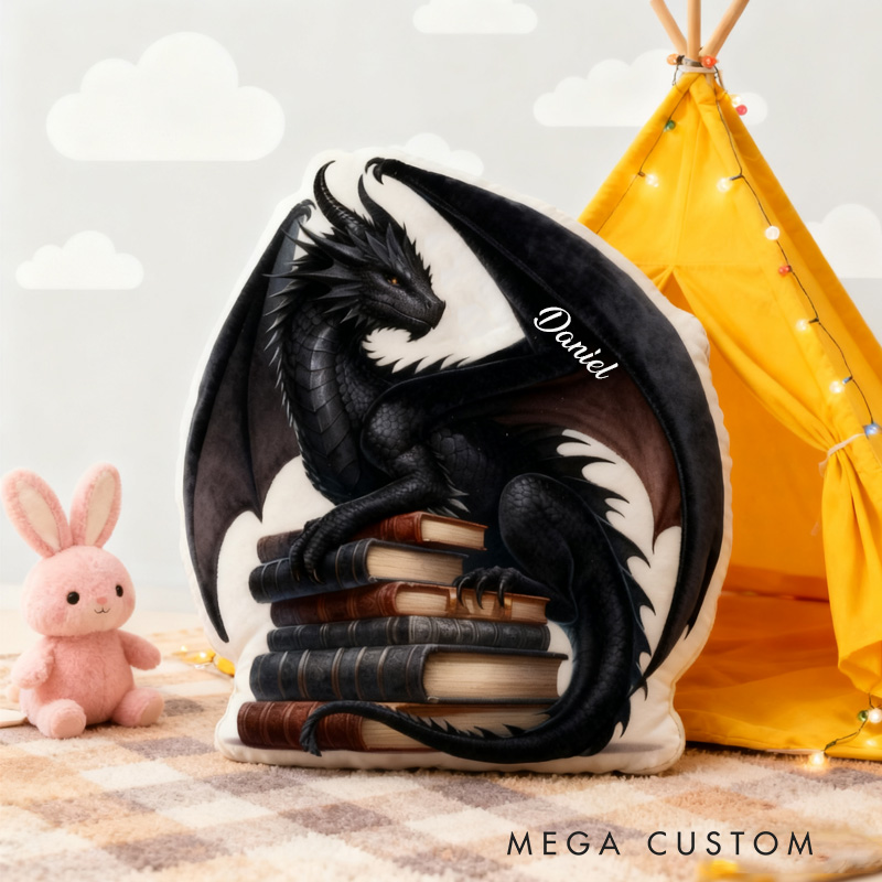 Personalized Black Dragon Throw Pillow Graphic 3D Print Dragon and Book Pillow with Name Book Pillow for Kids Boys Girls Book Lover Christmas Gift