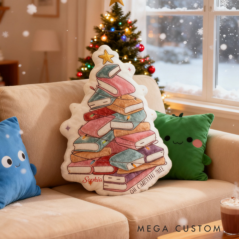 Personalized Book Christmas Tree Throw Pillow Graphic 3D Print Bookish Pillow with Name for Kids Boys Girl Book Lover Christmas Gift