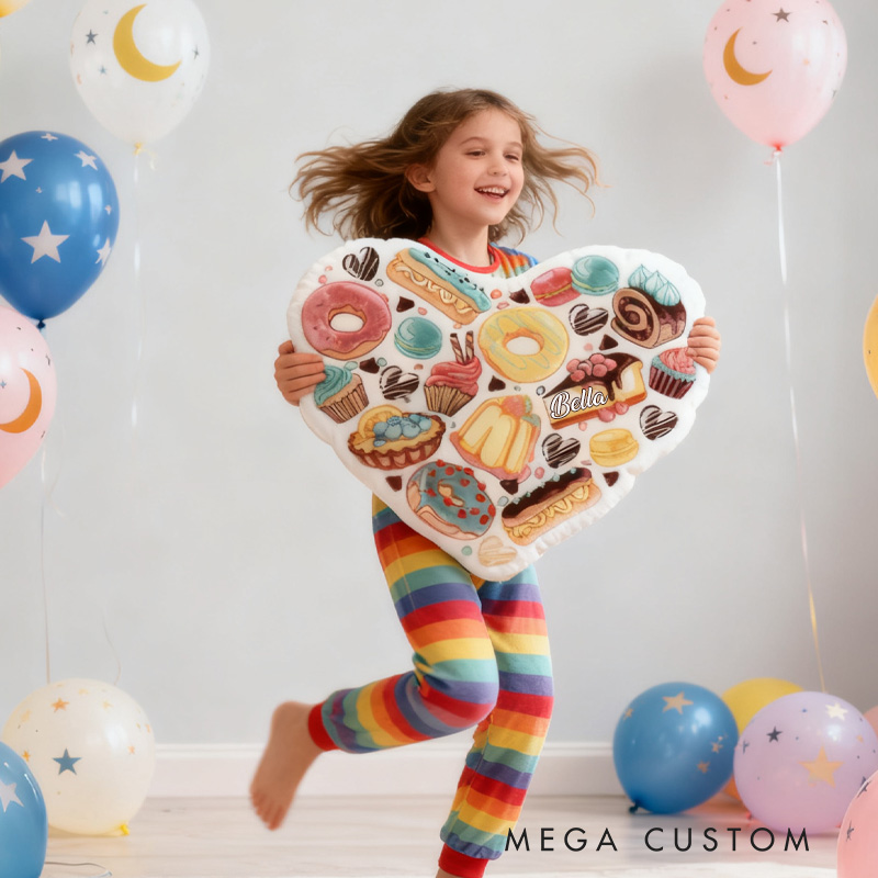 Personalized Dessert Heart Throw Pillow with Name Graphic 3D Print Donut Bread Pillow for Kids Girl Baker Christmas Gifts Loving Room Decor