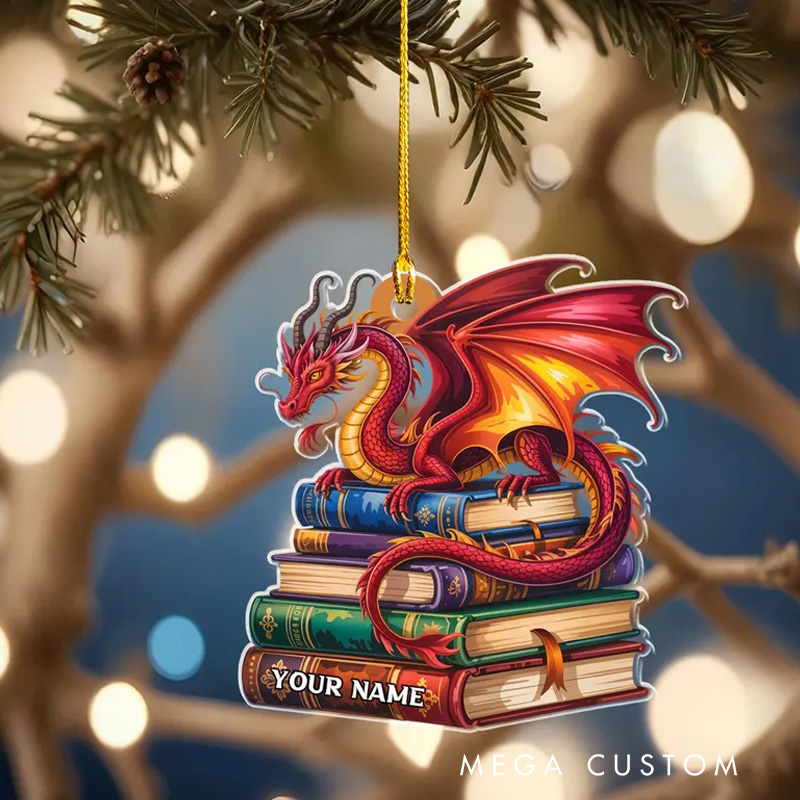 Personalized 2D FLAT Custom Name Book Dragon Ornament Dragon Christmas Gift For Book Lovers