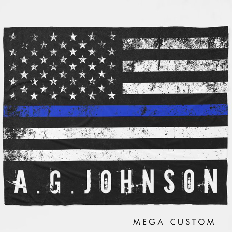 Personalized Police Style Distressed American Flag Custom Name Fleece Blanket Choose Color Thin Blue or Red Line Design Gifts