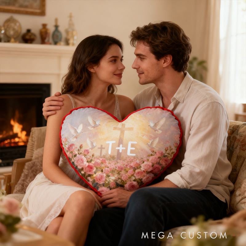 Personalized Cross and white Doves Valentine's Heart Pillow with Custom Name Home Decor Religious Faith Gift for Couple Valentine's Day Gift