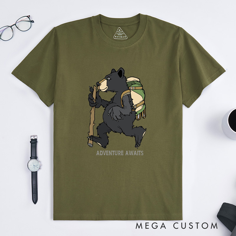Personalized Backpacking Bear T-Shirt Walking Black Bear With Green Backpack Camping Adventure Mountain T-Shirt for Nature Travelers Outdoors Lover Gift