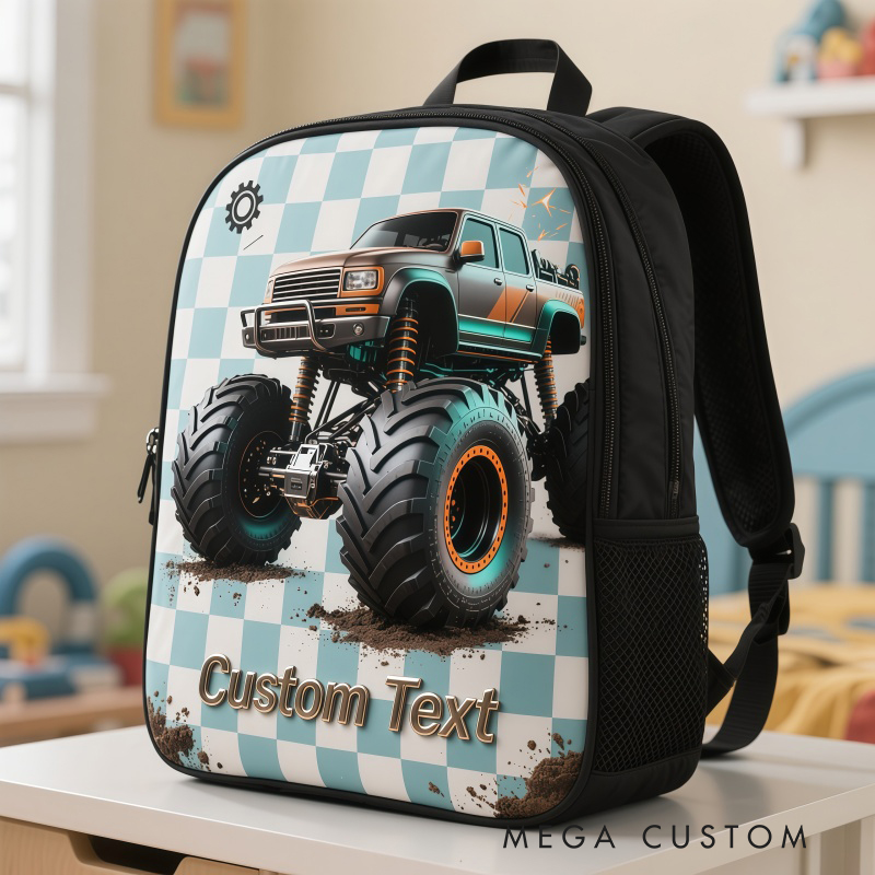 Personalized Monster Truck Themed Backpack Custom Text Racing Style Backpack for Car Lovers