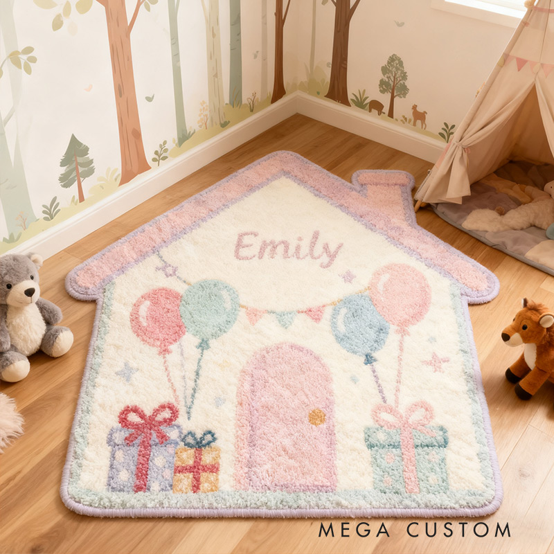 Personalized Rug for Kids Room House-Shaped Soft Plush Carpet Custom Name Floor Mat New Home Gifts