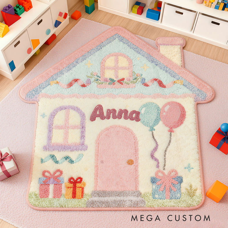 Personalized Rug for Kids Room House-Shaped Soft Plush Carpet Custom Name Floor Mat New Home Gifts