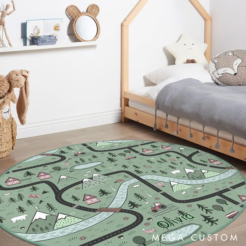 Personalized Mountain Forest Adventure Kids Room Rug Green Woodland Round Kids Rugs Road Child Playroom Mat Outdoor Lovers Gift