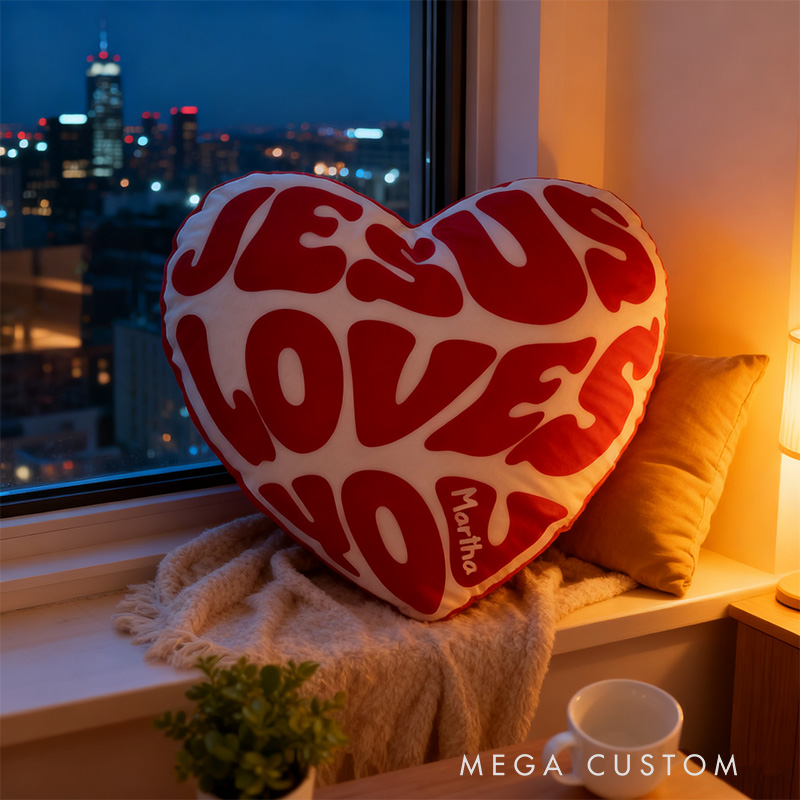 Personalized Jesus Loves You Heart Pillow with Custom Name Religious Home Decor Happy Valentine's Day Gift Graphic 3D Print Pillow