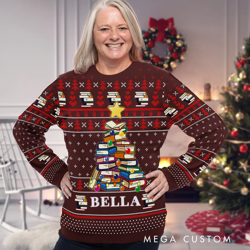 Personalized Book Pine Christmas Ugly Sweater Christmas Gift Ugly Sweater for Book Lovers Reader Bookworm Bookish