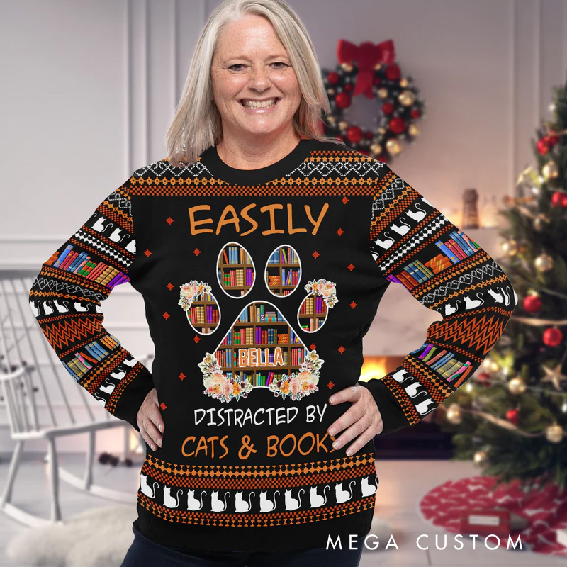 Personalized Easily Distracted by Cats and Books Ugly Sweater Christmas Gift Ugly Sweater for Book Lovers Reader Bookworm Bookish Librarian