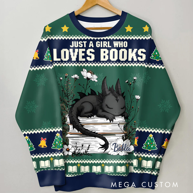 Personalized Just a Girl Who Loves Books and Dragons Ugly Sweater Christmas Gift Ugly Sweater for Book Lovers Reader Bookworm Bookish Librarian