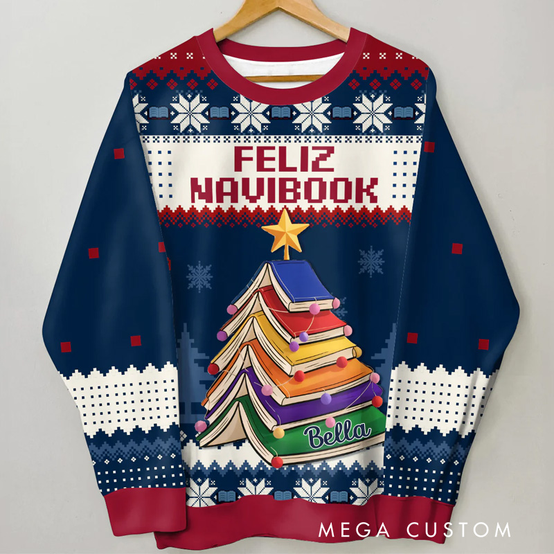 Personalized Feliz Navibook Merry Bookmas Ugly Sweater Christmas Gift Ugly Sweater for Book Lovers Reader Bookworm Bookish Librarian