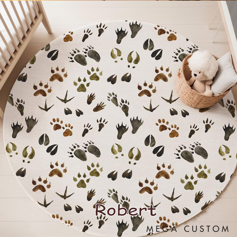 Personalized Animal Tracks Rug Woodland Nursery Decor Forest Round Rug Kids Play Room into the Wood Nursery Outdoor Lovers Gift