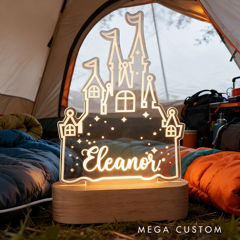 Personalized Cartoon Princess Castle Name Acrylic LED Night Light with Wooden Base Home Decor Birthday Children's Day Gift for Daughters Girls