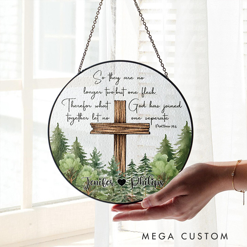 Personalized Christian Wedding Stained Glass Suncatcher Ornament with Custom Name Cross Window Hanging Decor Religious Gift for Couple Wedding Gift