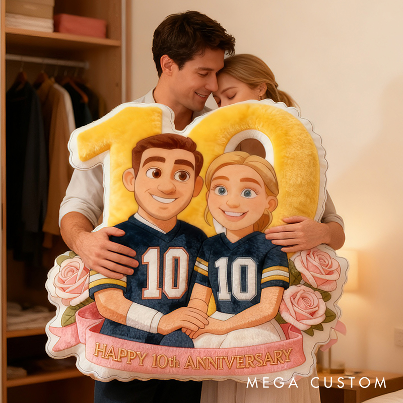 Personalized 10th Anniversary Football Player Pillow with Custom Couple Portrait and Romantic Floral Design Anniversary Gift Valentines Day