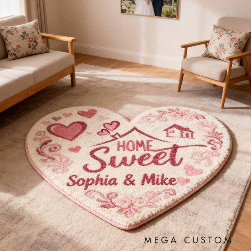 Personalized Home Sweet Home Doormat Custom Heart-Shaped Name Rug for Couples New Home Gifts Valentine's Day Gifts
