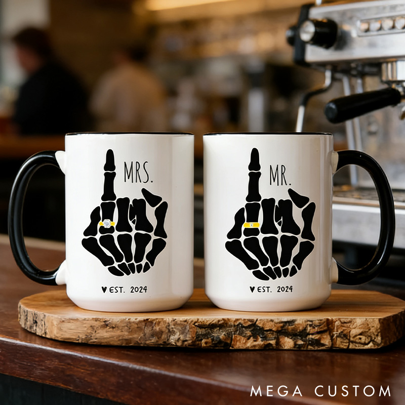 Personalized Geek Funny Mr and Mrs Mug Skeleton Hand Couple Coffee Mug Set Goth Engagement Gift for Geek