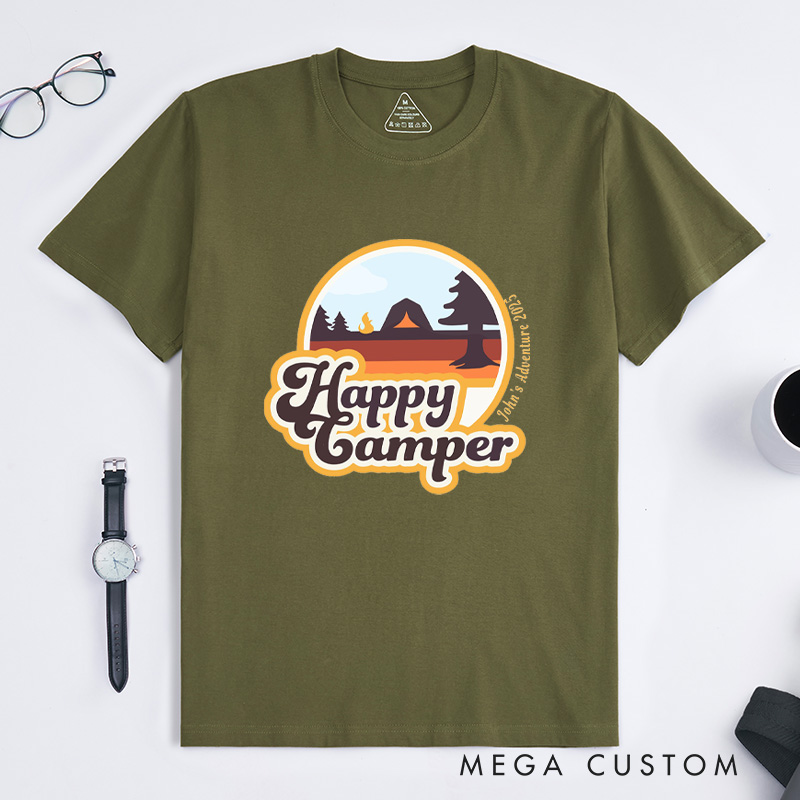 Personalized Happy Camper T-Shirt Hiking Camping Adventure T-Shirt for Nature Travelers Outdoors Lover Gift