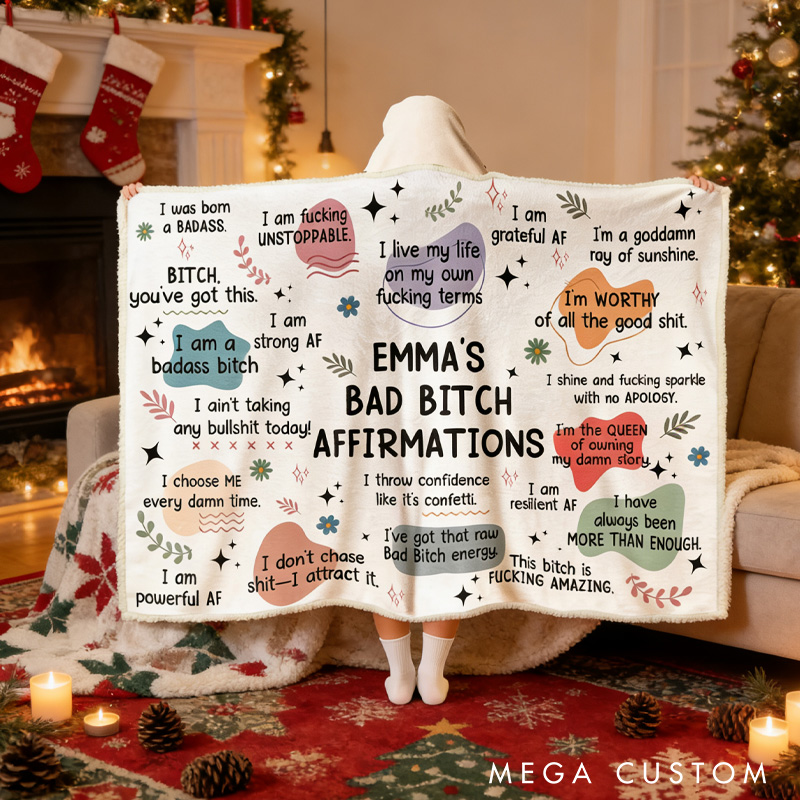 Personalized Bad B*tch Affirmations Blanket Hoodie Custom Wearable Blanket Hoodie with Name for Book Lovers Bookworm Birthday Gift