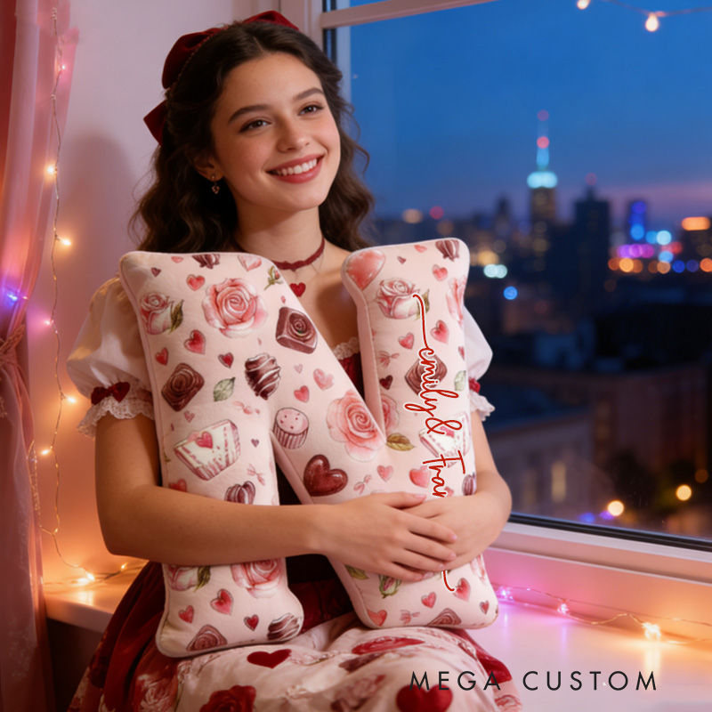 Personalized Chocolate and Heart Alphabet Throw Pillow with Name Graphic 3D Print Cupcake Heart Pillow for Boyfriend Girlfriend Valentines Day Gifts Baking Lover Gift