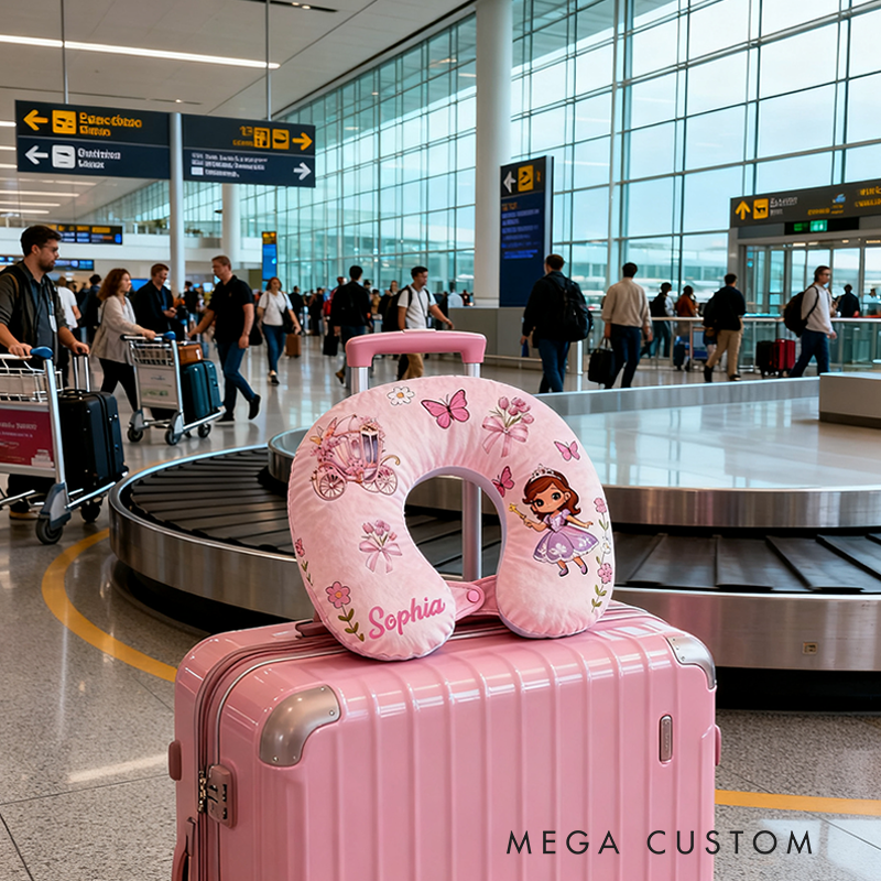 Personalized Christmas Gift Neck Pillow with Princess Carriage and Fairy Tale Pastel Design and Custom Name for Magic Lovers Travel Neck Pillow