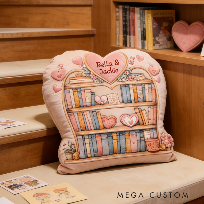 Personalized Valentine Bookcase Throw Pillow Graphic 3D Bookshelf Pillow with Name for Girlfriend Wife Bookish Bookworm Valentines Day Gift