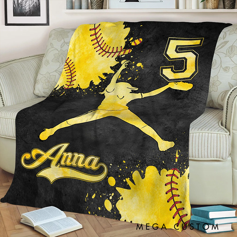 Personalized Softball Blanket with Custom Name and Number Design