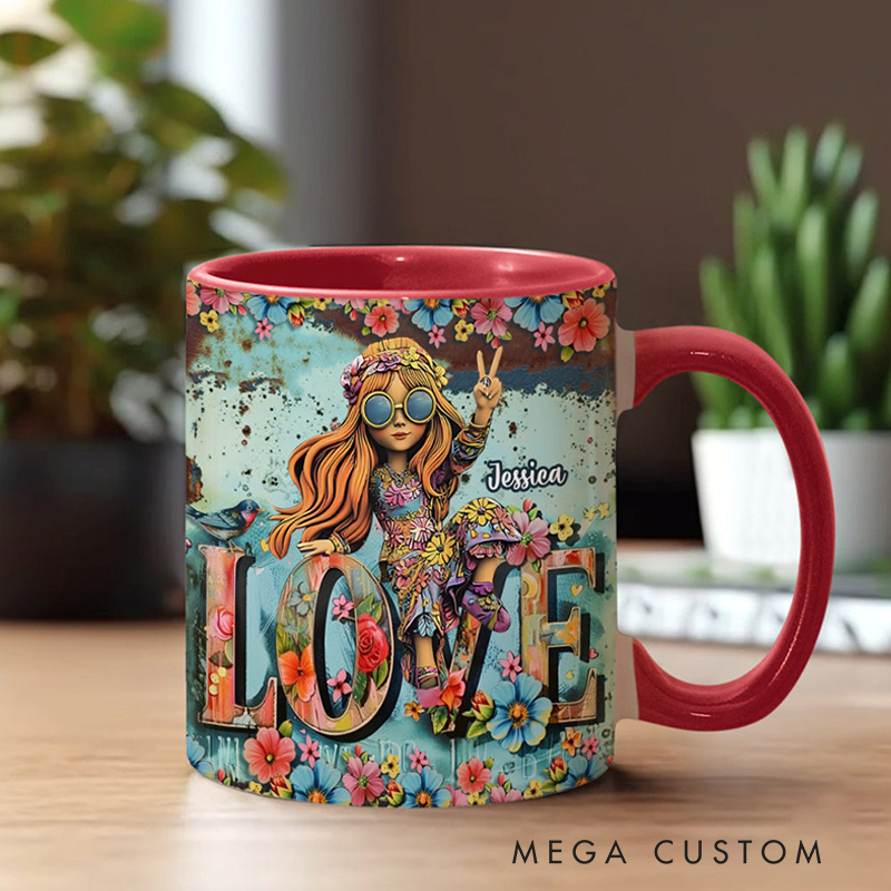 Personalized Hippie Accent Mug Custom Name Hippie Girl Hippie Soul Peace Love Mug for Music Lover Gift