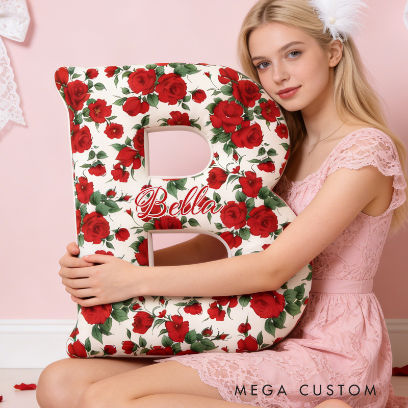 Personalized Red Rose Alphabet Throw Pillow Graphic 3D Print Rose Pillow with Name for Girlfriend Gardener Valentine's Day Gifts Loving Room Decor