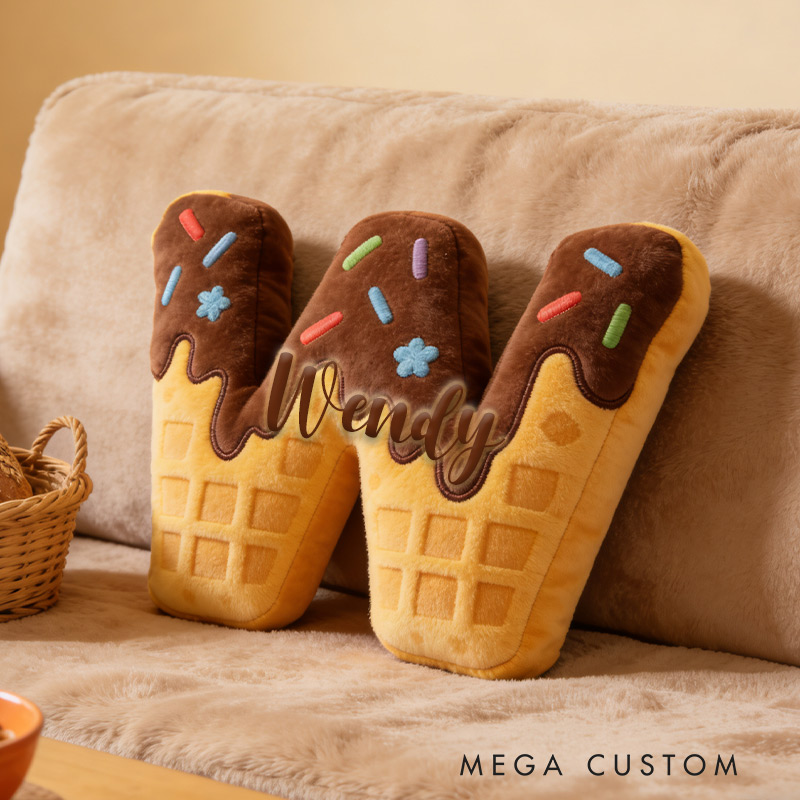 Personalized Waffle Cone Initial Pillow Graphic 3D Print Pillow with Name for Baking Lovers 