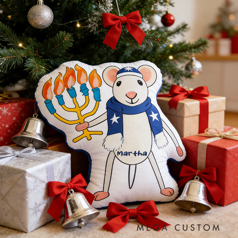 Personalized Hanukkah Mouse Pillow with Custom Name Cute Jewish Holiday Decoration Festive Winter Decor Kids Dreidel Party Favor Happy Hanukkah Gift