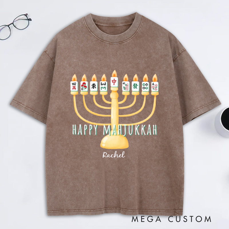 Personalized Hanukkah Mahjong Washed T-Shirt with Name Mahjong Lovers Holiday Shirt Mahj Funny Tee Jewish Holiday Gift Religious Funny Gift