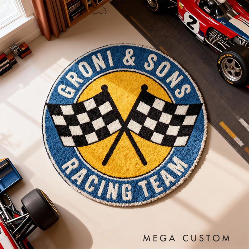 Personalized Racing Team Rug Custom Name Checkered Flag Round Carpet Gift for Car Lovers Garage Decor