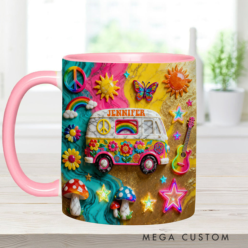 Personalized Hippie Souls Accent Mug Custom Name Colorful Hippie Car Hippie Coffee Mug Bohemian Coffee Mug