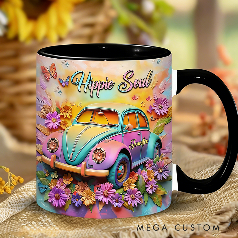 Personalized Hippie Souls Accent Mug Custom Name Colorful Hippie Car Hippie Coffee Mug Bohemian Coffee Mug