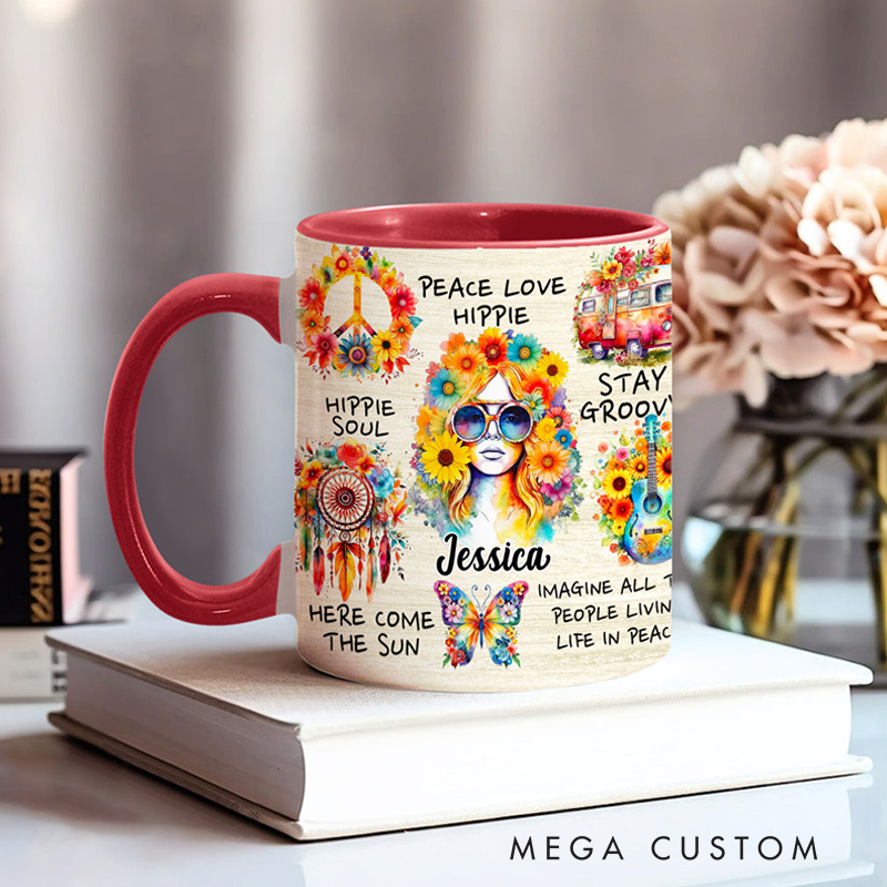 Personalized Hippie Accent Mug Custom Name Hippie Girl Hippie Soul Peace Love Mug for Music Lover Gift