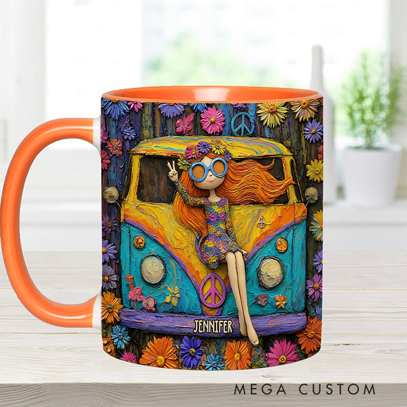 Personalized Hippie Accent Mug Custom Name Hippie Girl and Cars Hippie Soul Peace Love Mug for Music Lover Gift