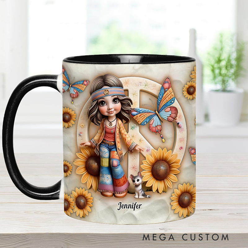 Personalized Hippie Accent Mug Custom Name Hippie Girl Hippie Soul Peace Love Mug for Music Lover Gift