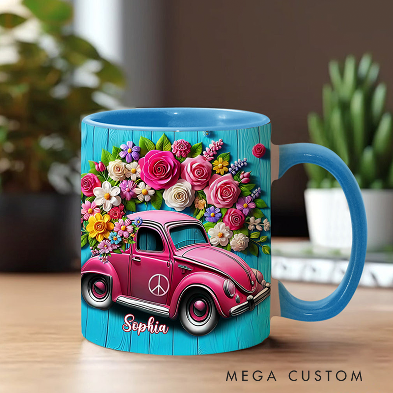 Personalized Hippie Accent Mug Custom Name Colorful Hippie Cars Mug for Music Lover Gift