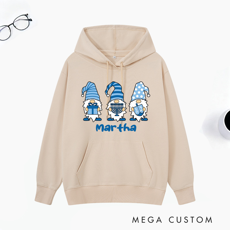 Personalized Gnomes Hanukkah Classic Hoodies with Name Unisex Hoodies Religious Gift Happy Hanukkah Gift for Jewish People
