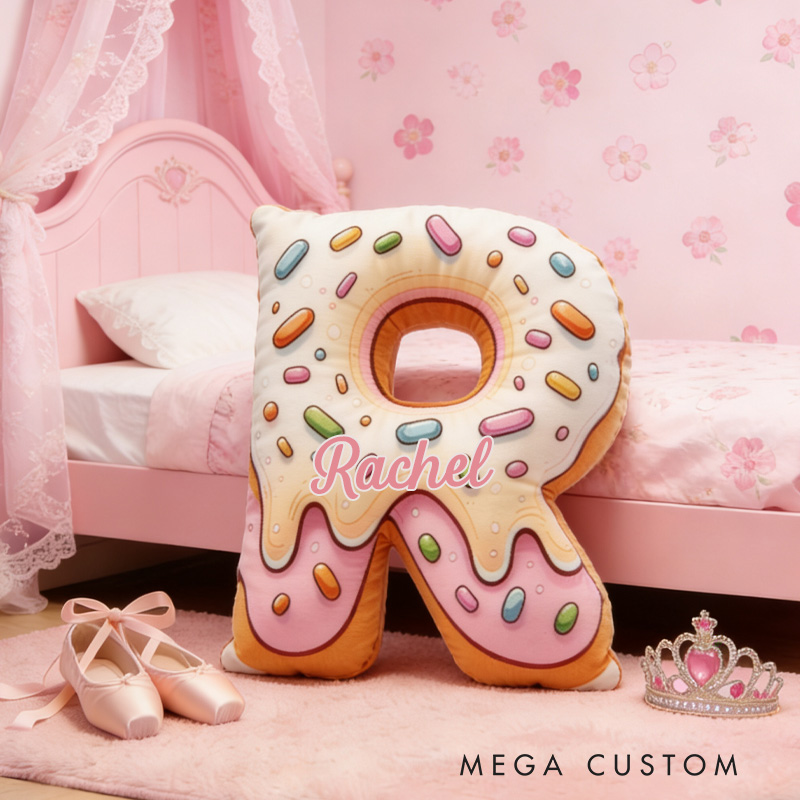 Personalized Donut Alphabet Throw Pillow Graphic 3D Print Letter Pillow with Name for Girl Boy Kids Initial Pillow Baking Lover Gifts