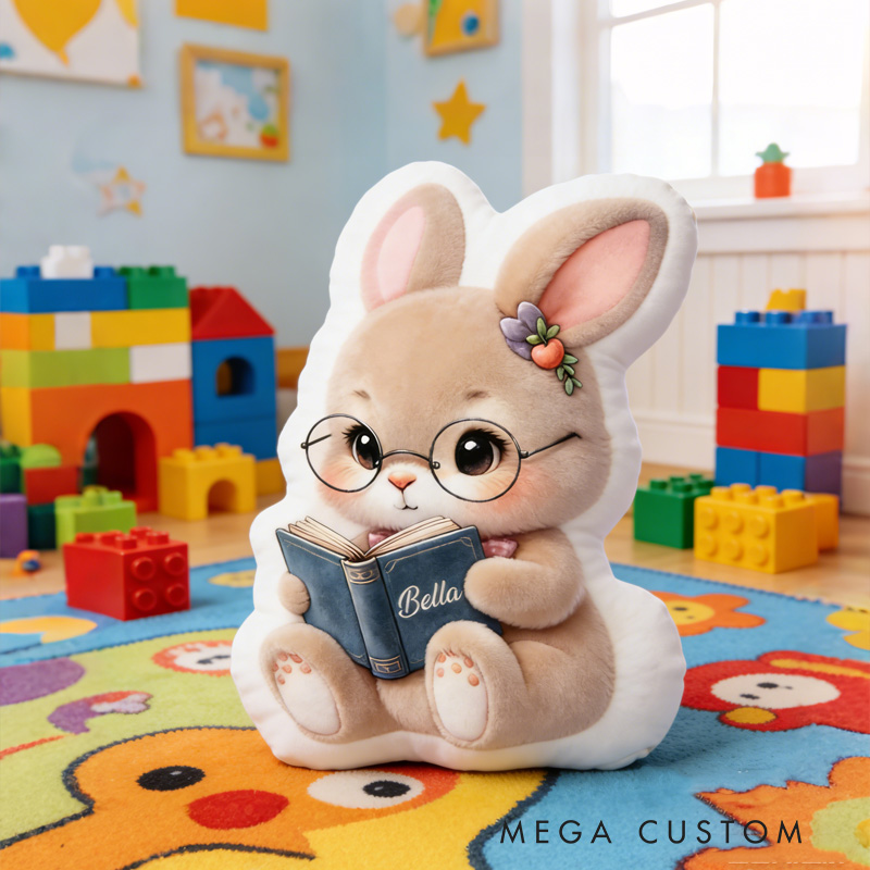 Personalized Reading Bunny Throw Pillow Graphic 3D Rabbit Reading Letter Pillow with Name for Kids Boy Girl Book Lover Bookish Bookworm Gift